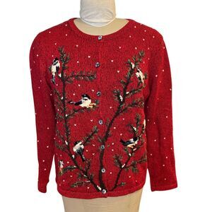 Coldwater Creek Cardigan Embroidered Birds Sz. M Holidays Vintage
